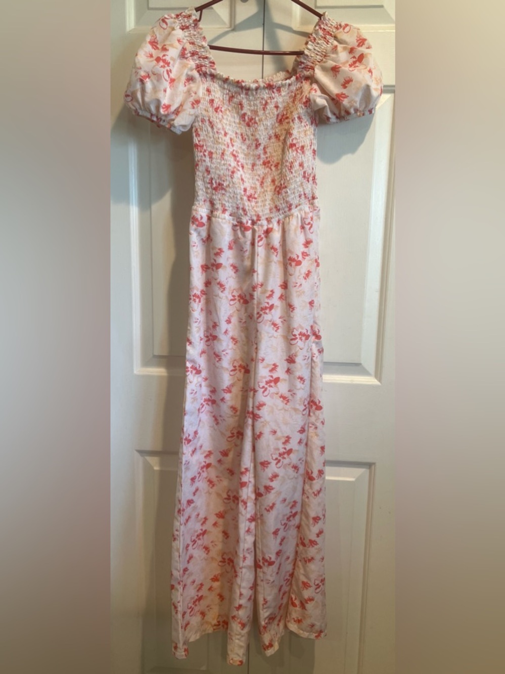 Girls Pink 🌺Floral Smocked Puff Sleeve Jumpsuit